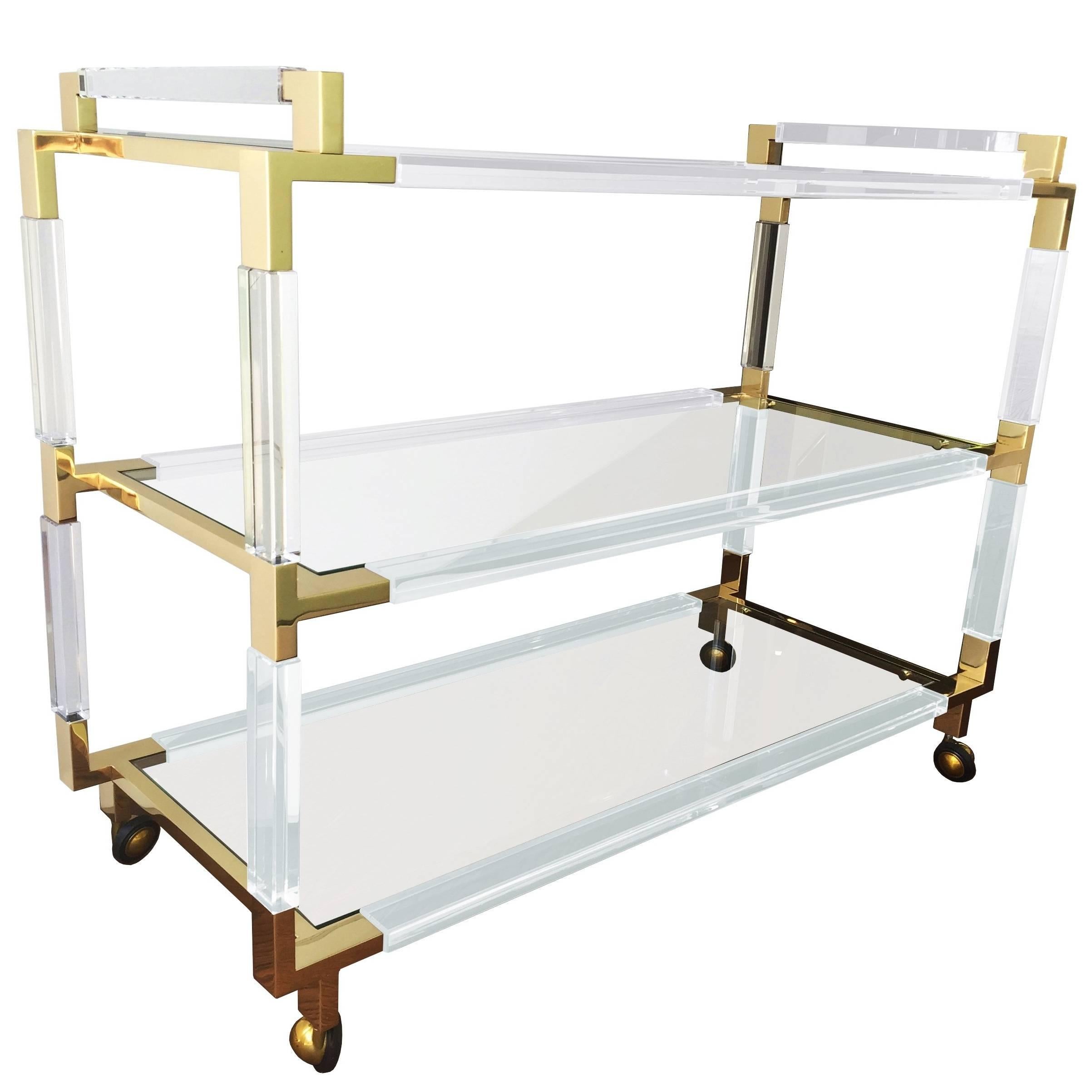 Charles Hollis Jones Lucite and Brass Bar Cart from the "Metric" Collection