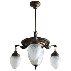 Mid-Century Brass Four-Light Chandelier Pendant with Cut Glass Globes