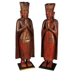16th Century, Lacquered Wood Standing Monks in Anjali Mudra, Pagan Period, Burma