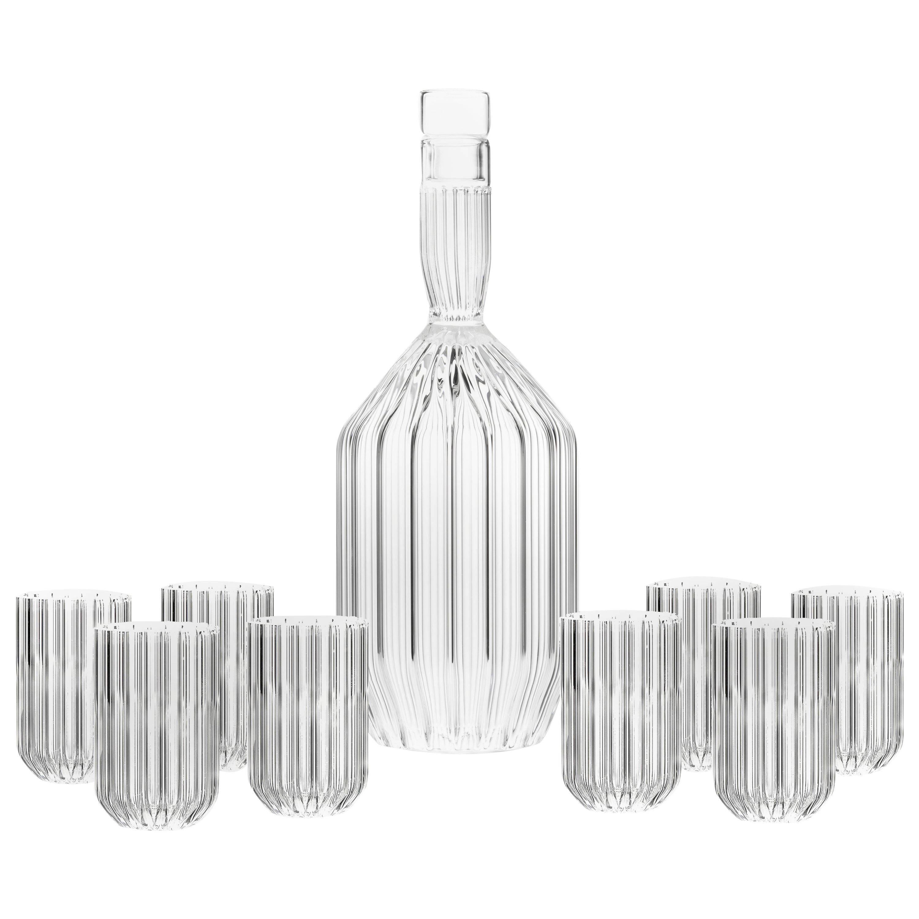 Czech Clear Contemporary Decanter and Eight Liqueur Shot Glass Set, In Stock