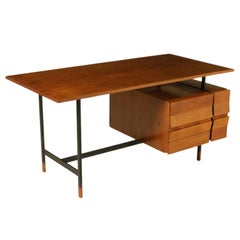 Desk with Drawers Metal Structure Teak Veneer Vintage Made in Italy, 1960s