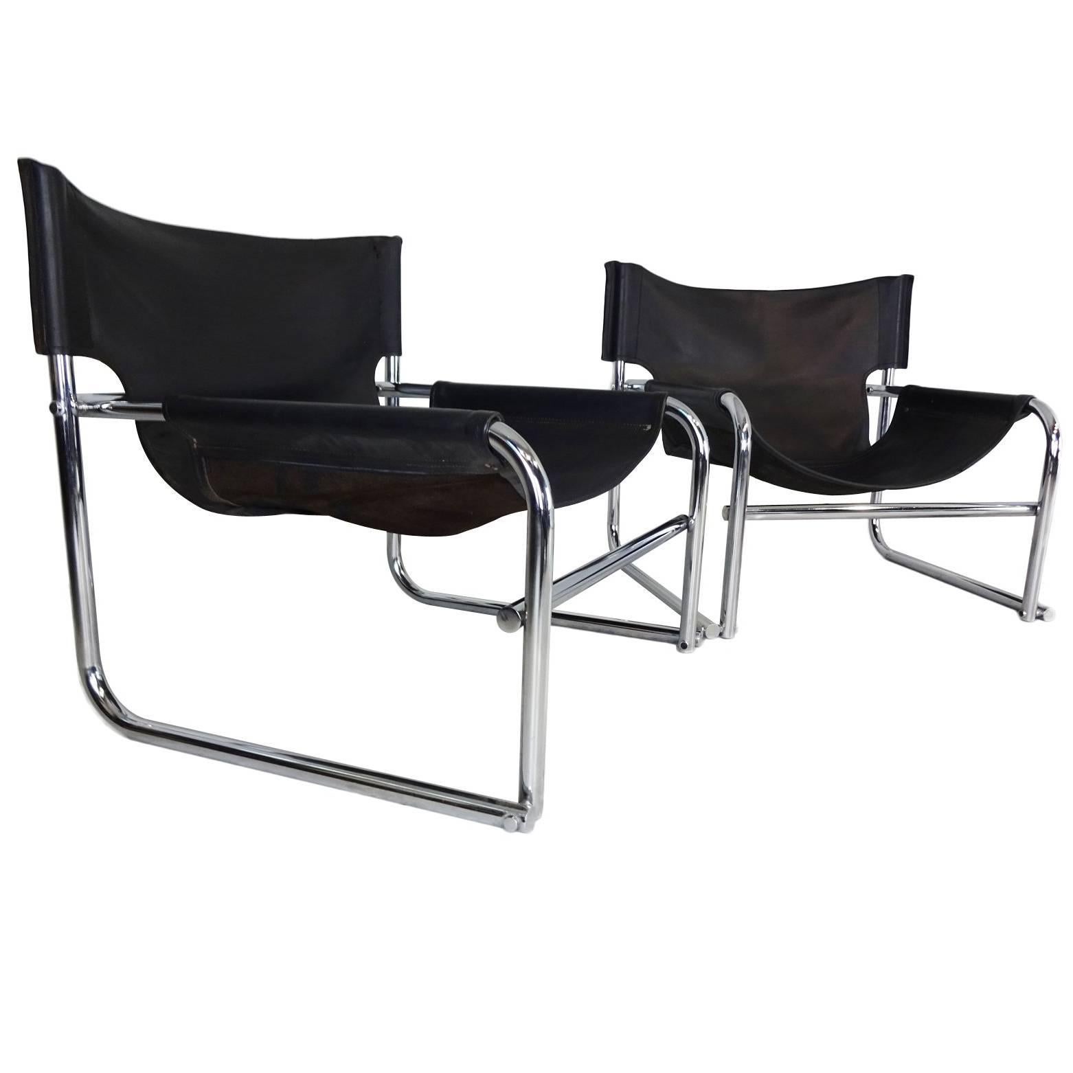 Pair of Rodney Kinsman Omk T1 Midcentury Leather and Chrome Sling Chairs For Sale
