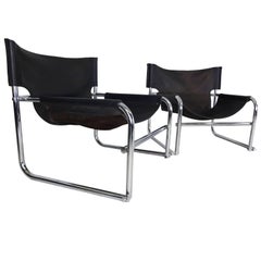 Pair of Rodney Kinsman Omk T1 Midcentury Leather and Chrome Sling Chairs