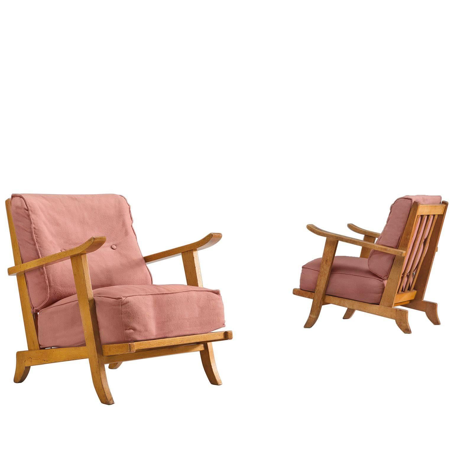 French Pair of Solid Oak Lounge Chairs