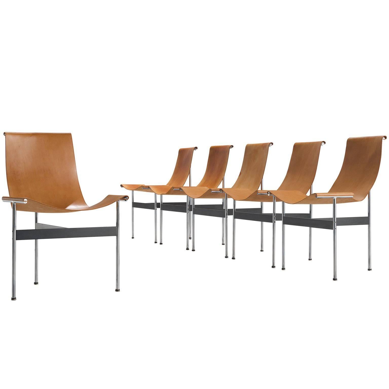 Set of Six Katavolos, Kelly and Littell T-Chairs in Original Cognac Leather