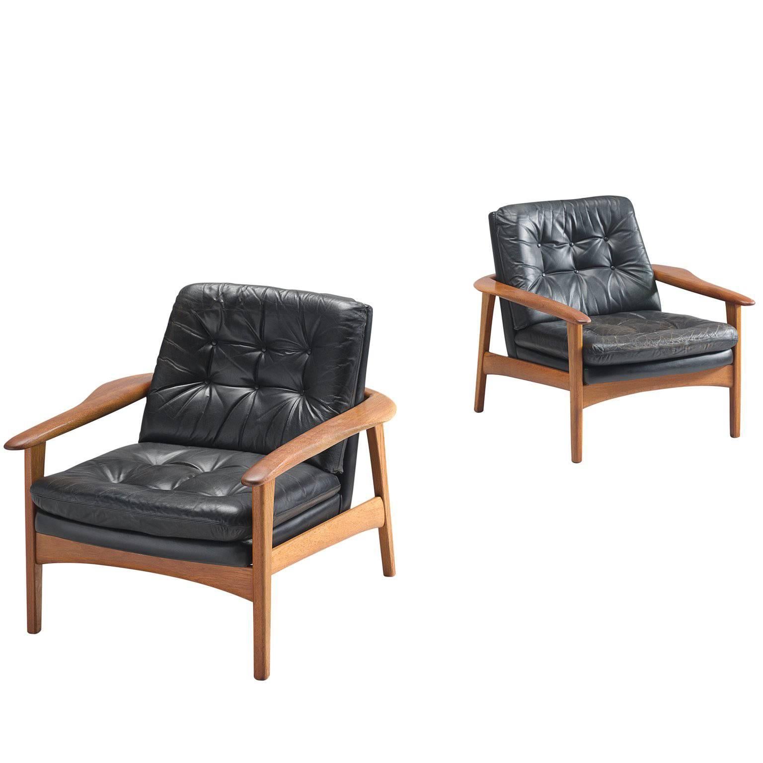 Danish Pair of Original Black Leather Teak Lounge Chairs