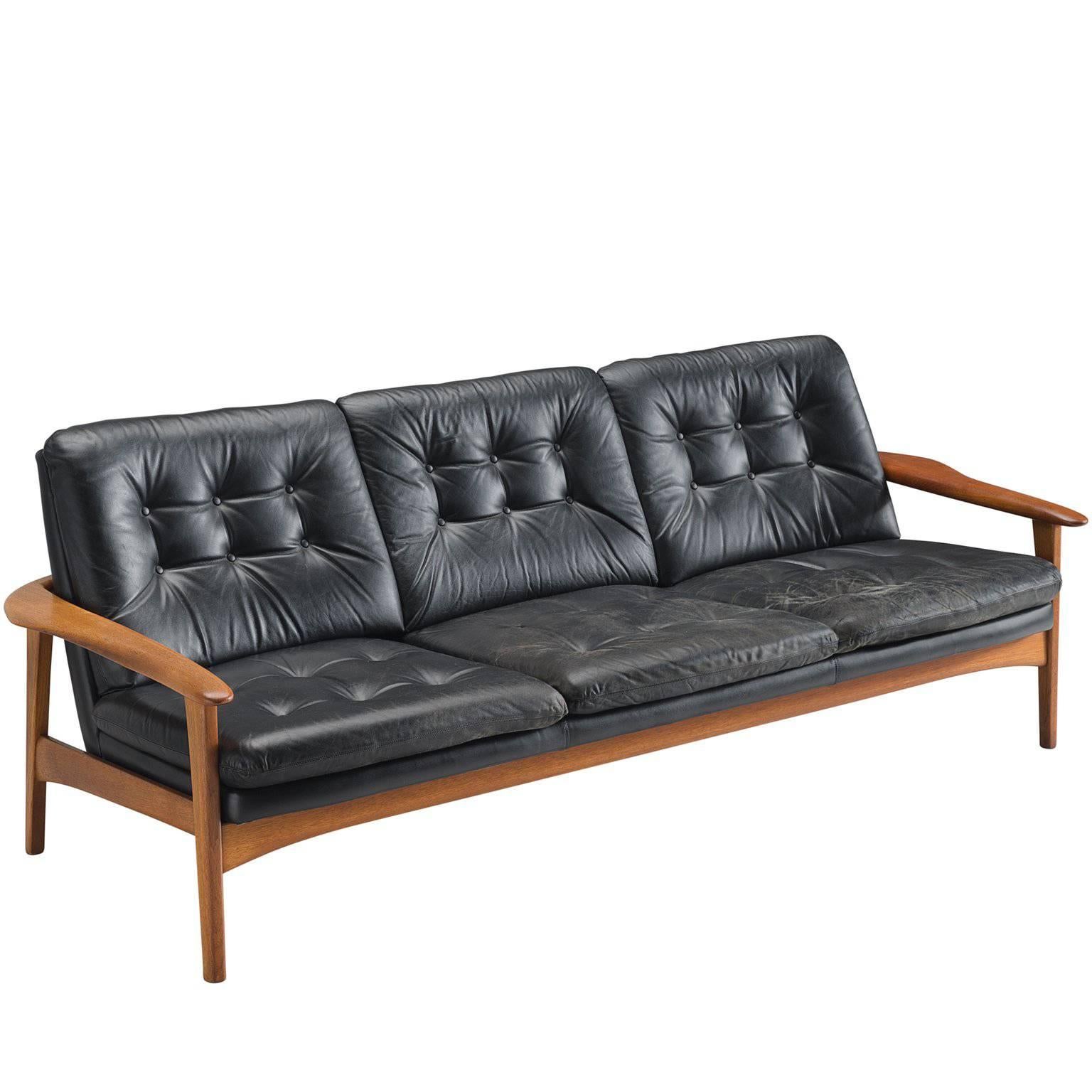 Danish Sofa in Original Black Leather and Teak