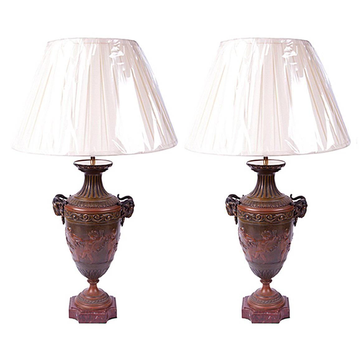 Pair of Early 19th Century French Empire Neoclassical Bronze Urns Wired as Lamps