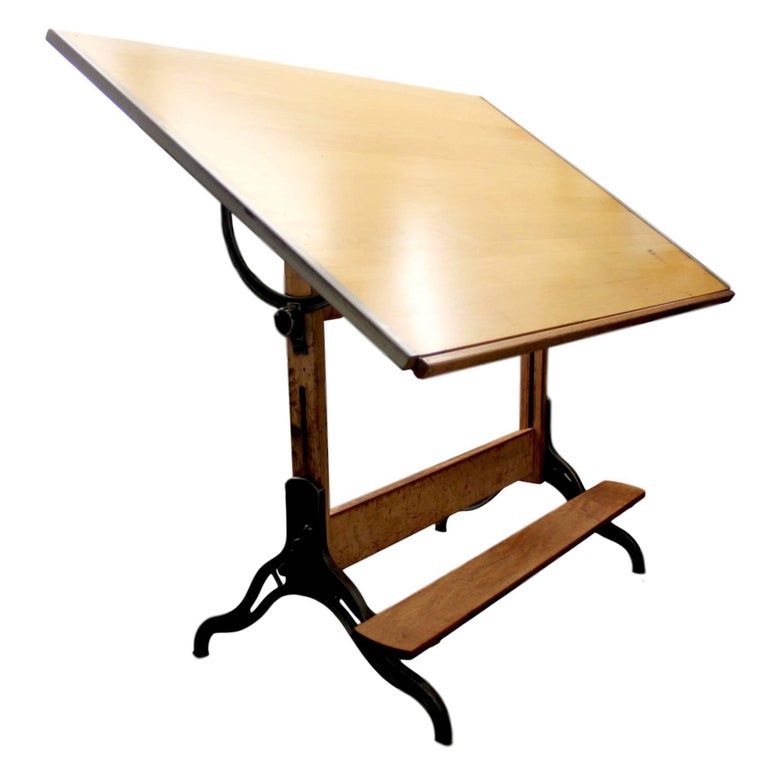 Vintage 1940s Industrial Maple and Iron Drafting Table Kitchen Island