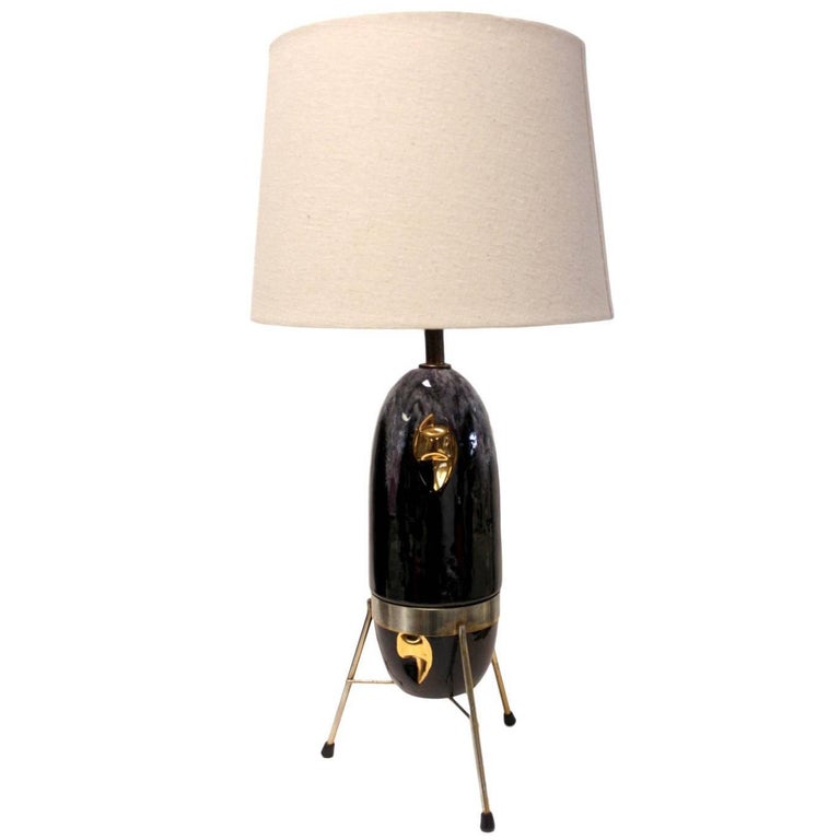 Vintage 1950s Mid Century Modern Purple Ceramic And Gold Tripod Vintage 1950s Mid Century Modern Purple Ceramic And Gold Tripod Table Lamp For