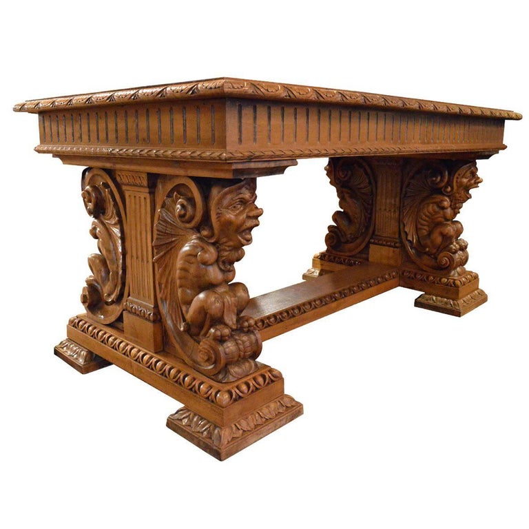 Antique Gothic Style Hand Carved Walnut Table Or Desk