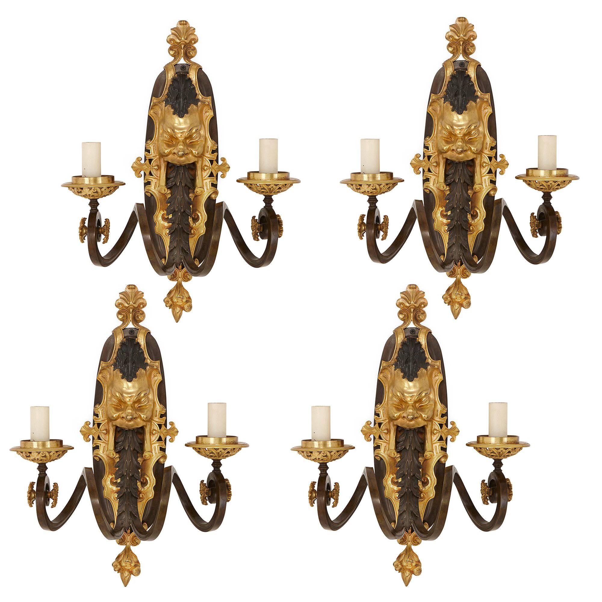 Set of Four Ormolu and Patinated Bronze Antique Wall Lights For Sale