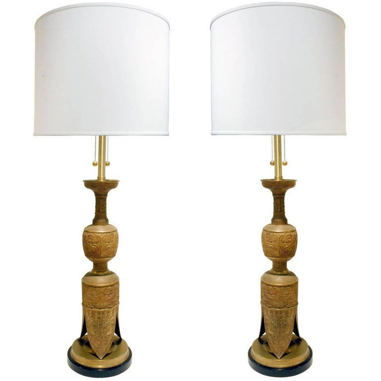 Pair of Impressive Egyptian Style Brass Table Lamps, 1960s For Sale at