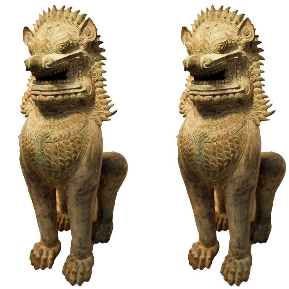 Pair of Monumental Asian Bronze Foo Dogs For Sale