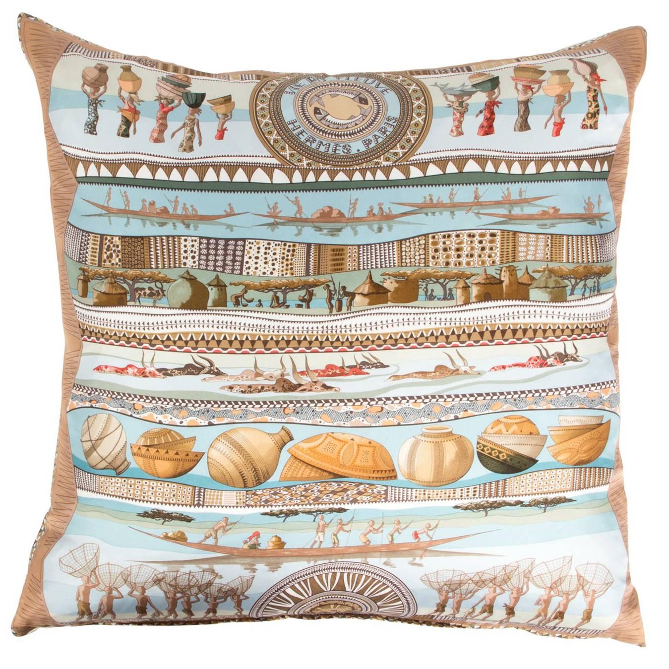 Silk Hermes Pillow in Tan