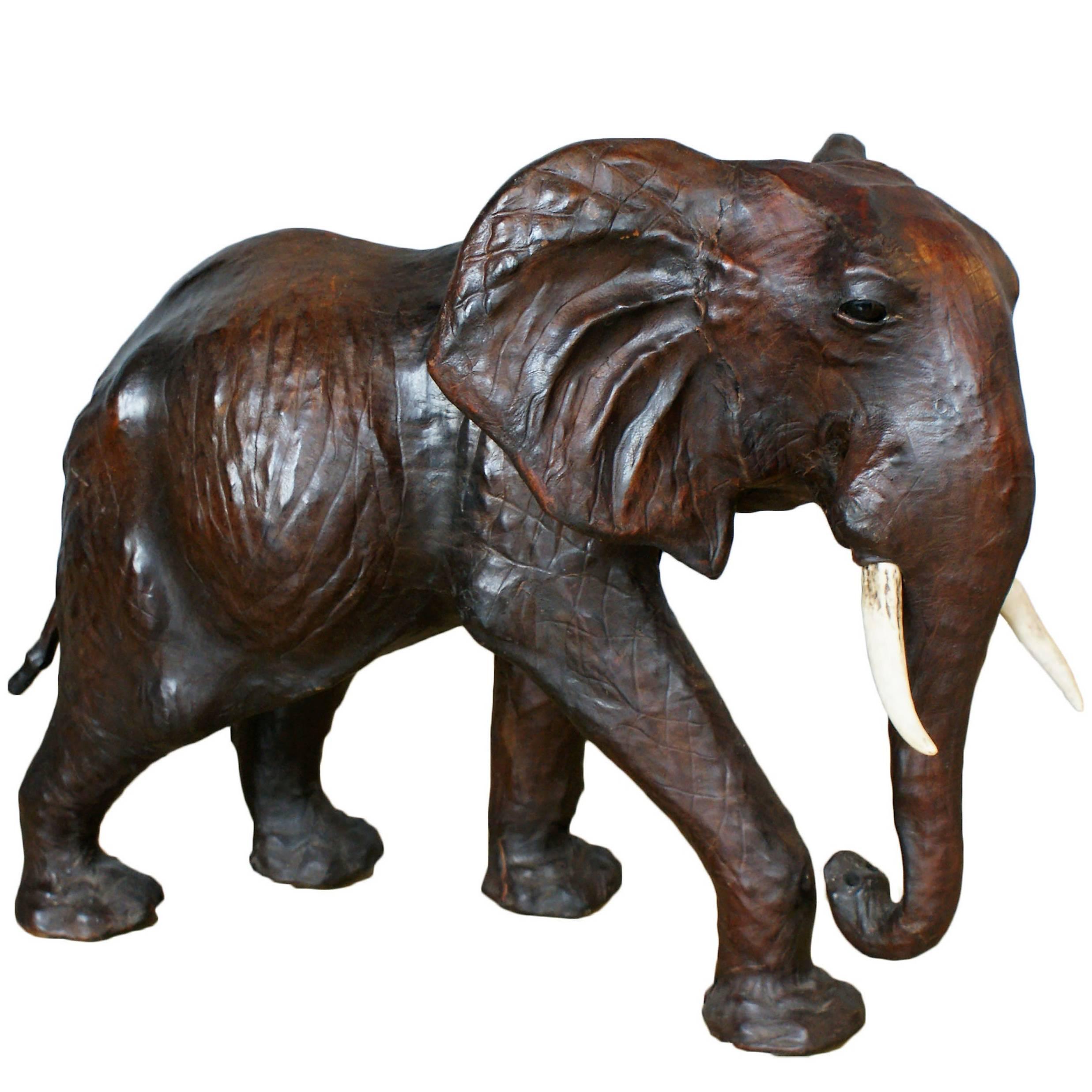 Vintage Mid-Century Handmade Leather Elephant with Glass Eyes, 1950s England