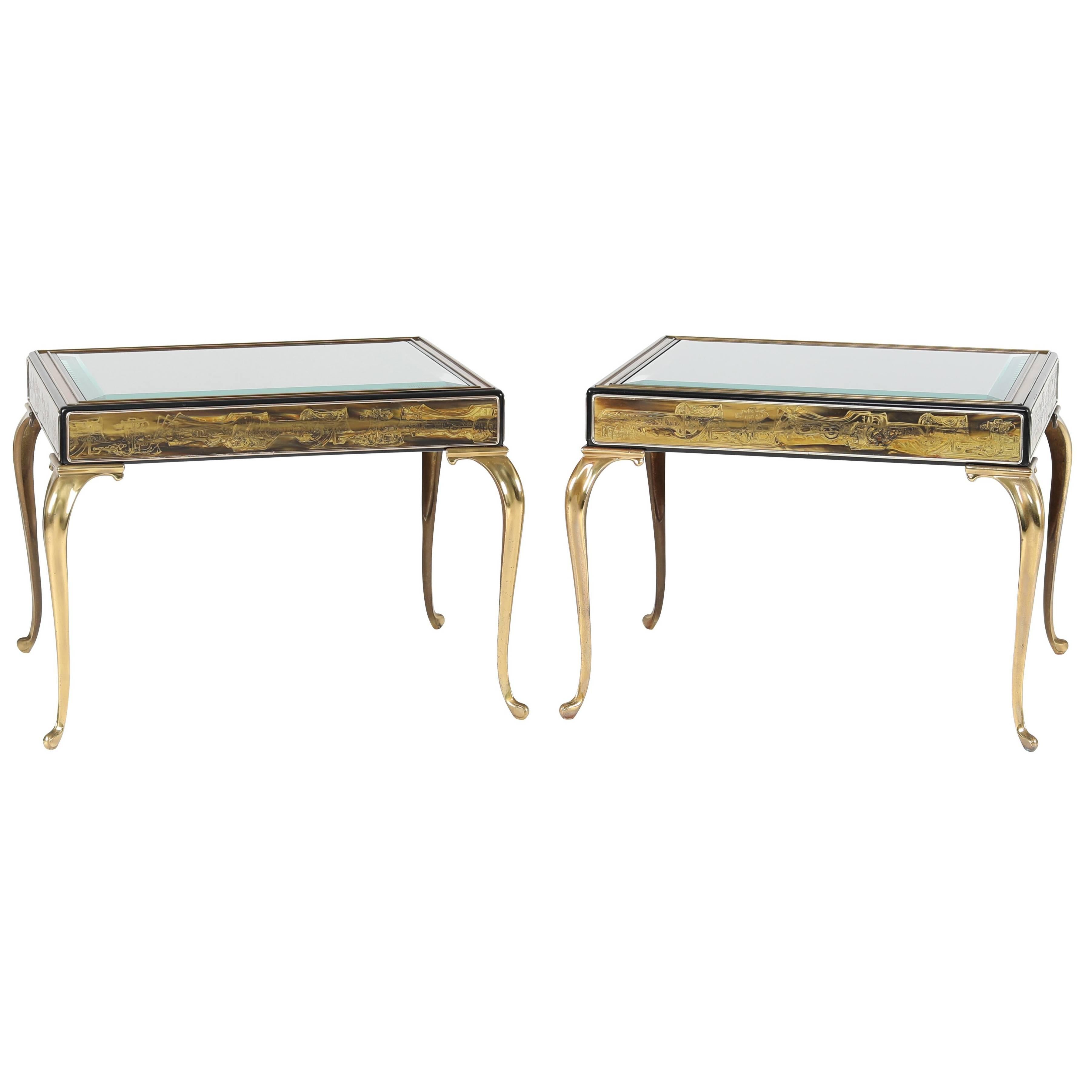 1970s Brass and Etched-Bronze End Tables by Bernhard Rohne for Mastercraft