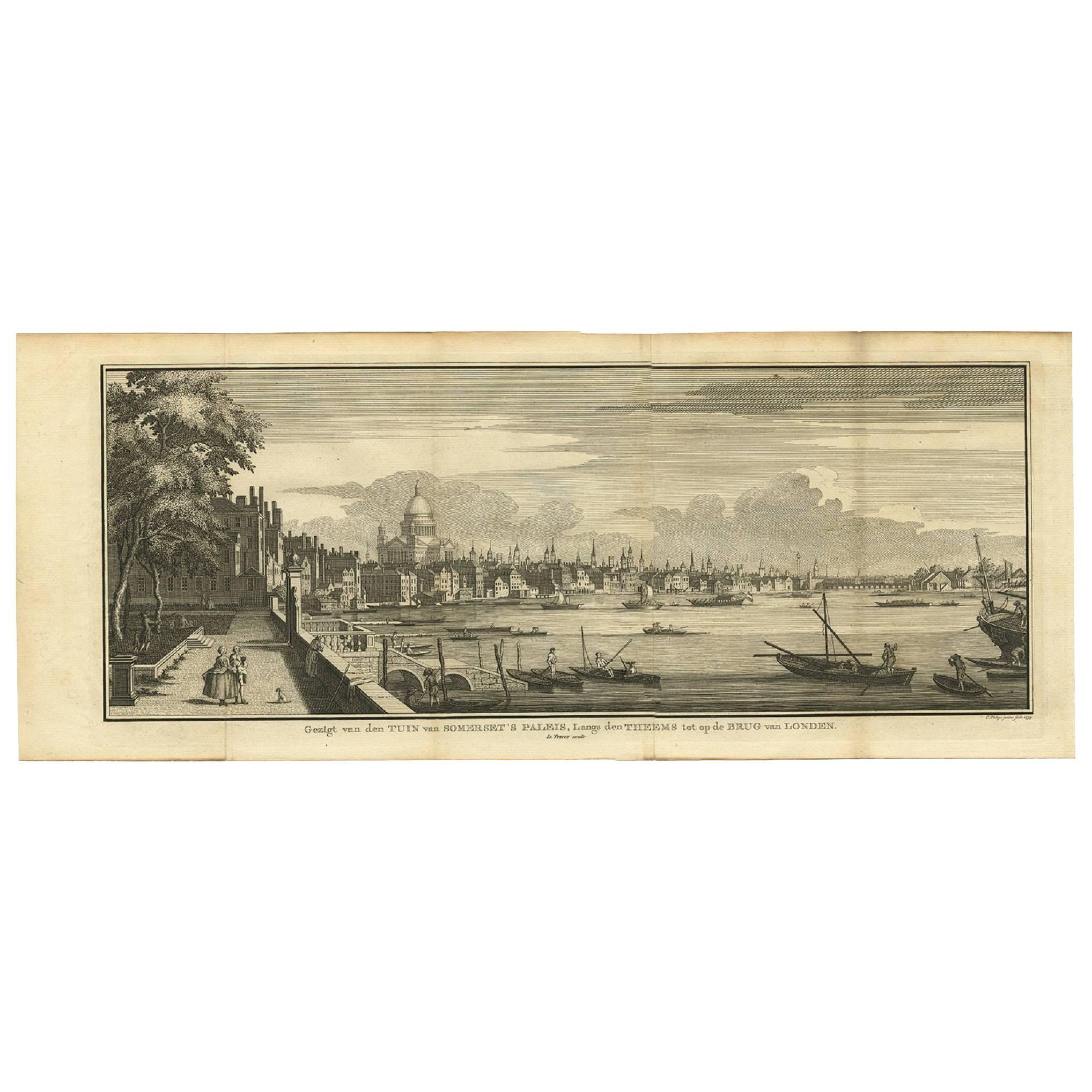 Antique Print of the Somerset House Overlooking the Thames River, London.