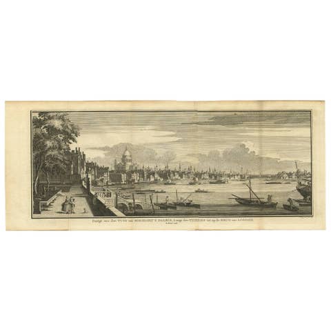 Antique Print of the Somerset House Overlooking the Thames River, London.