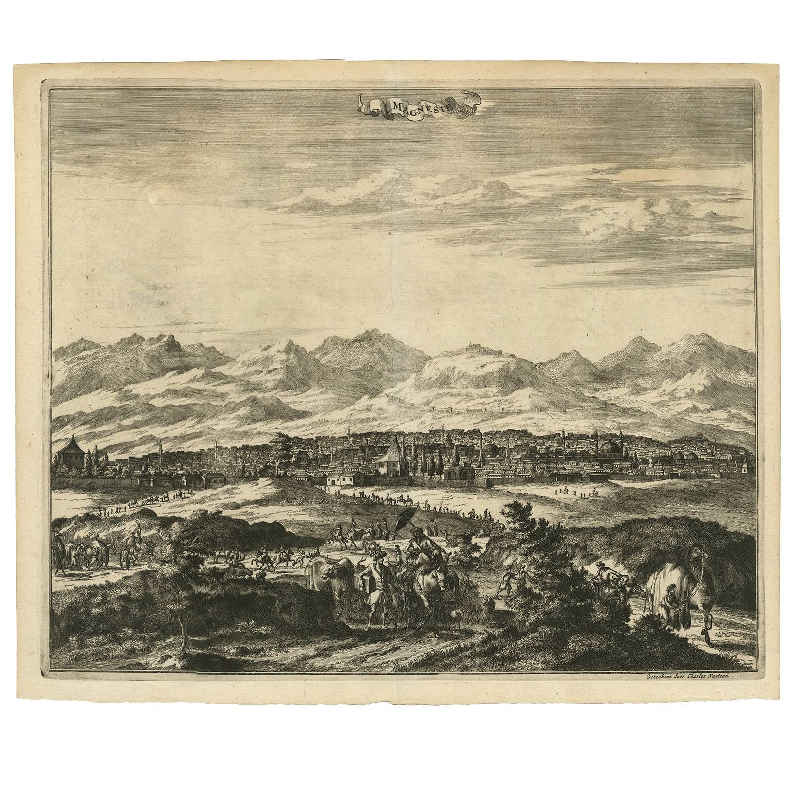 Antique Print with a View of Magnesie  in Turkey by O. Dapper, circa 1680 For Sale