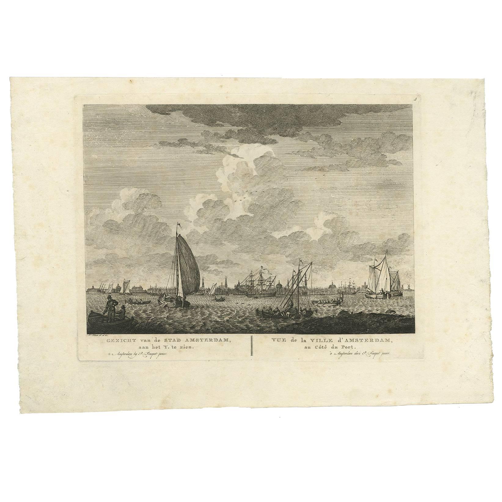 Antiker Druck mit einer Ansicht von Amsterdam aus dem Hafen von IJ von H. Schouten im Angebot