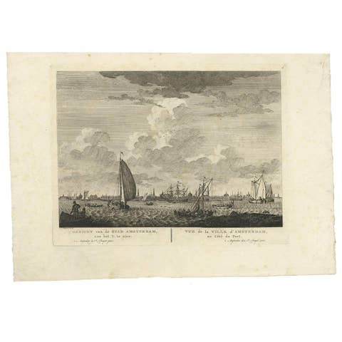 Antique Print with a View of Amsterdam from the IJ Dock by H. Schouten