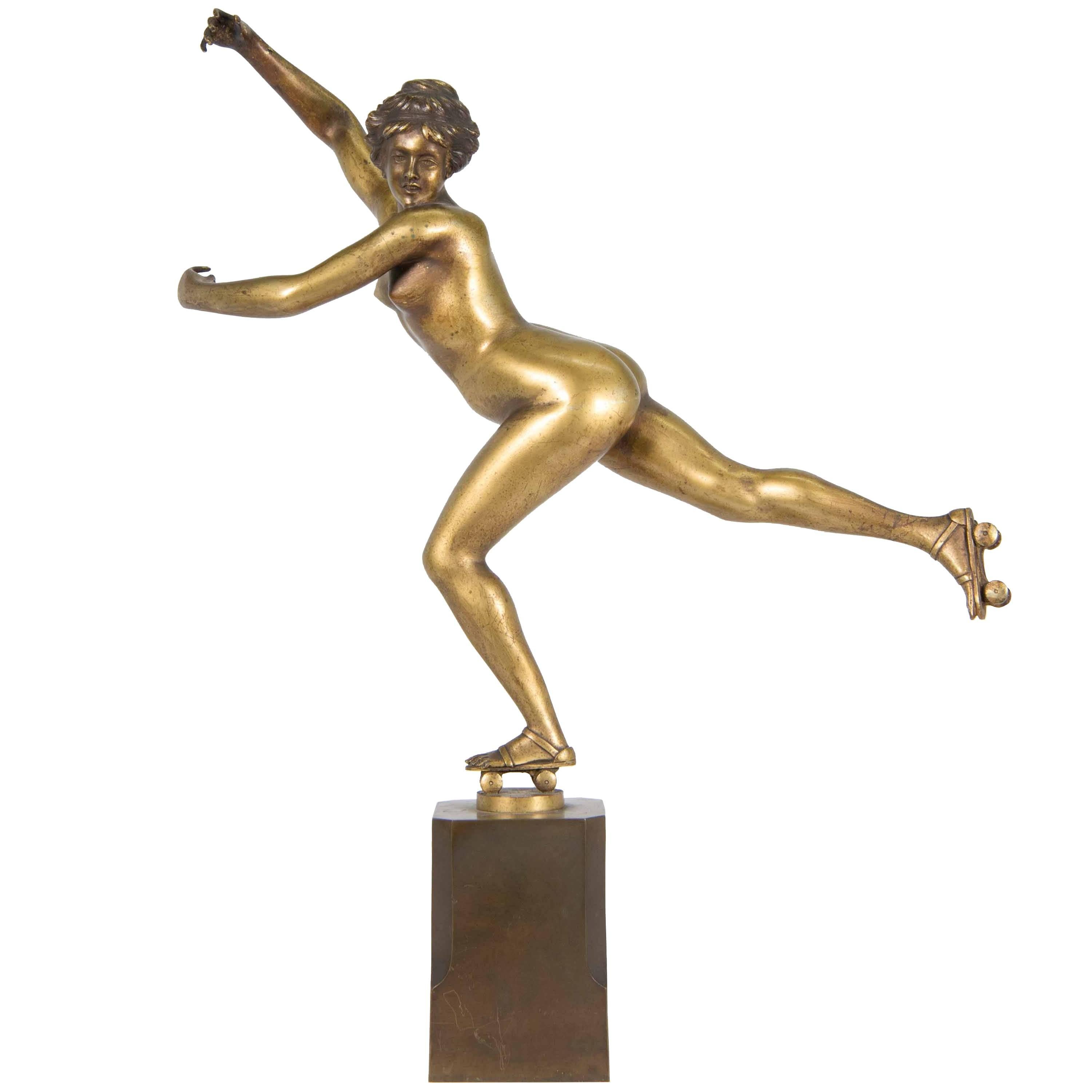 Nude Bronze Lady Rollerskating, Made by H. Calot, Art Deco