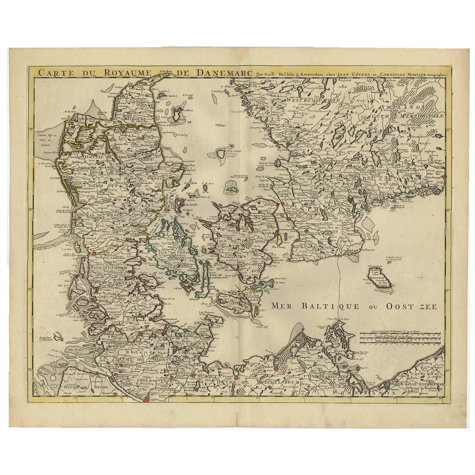 Carte ancienne du Danemark par Covens &amp;amp; Mortier, 1730 en vente