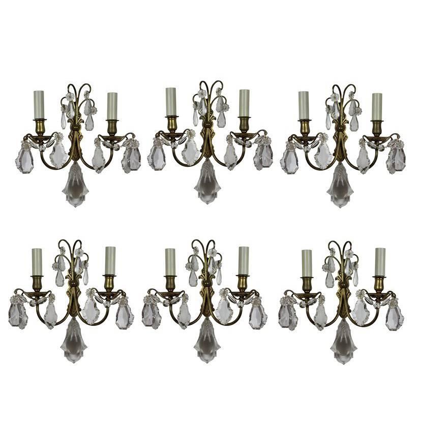 Set of Six French Gilt Brass and Glass Wall Sconces