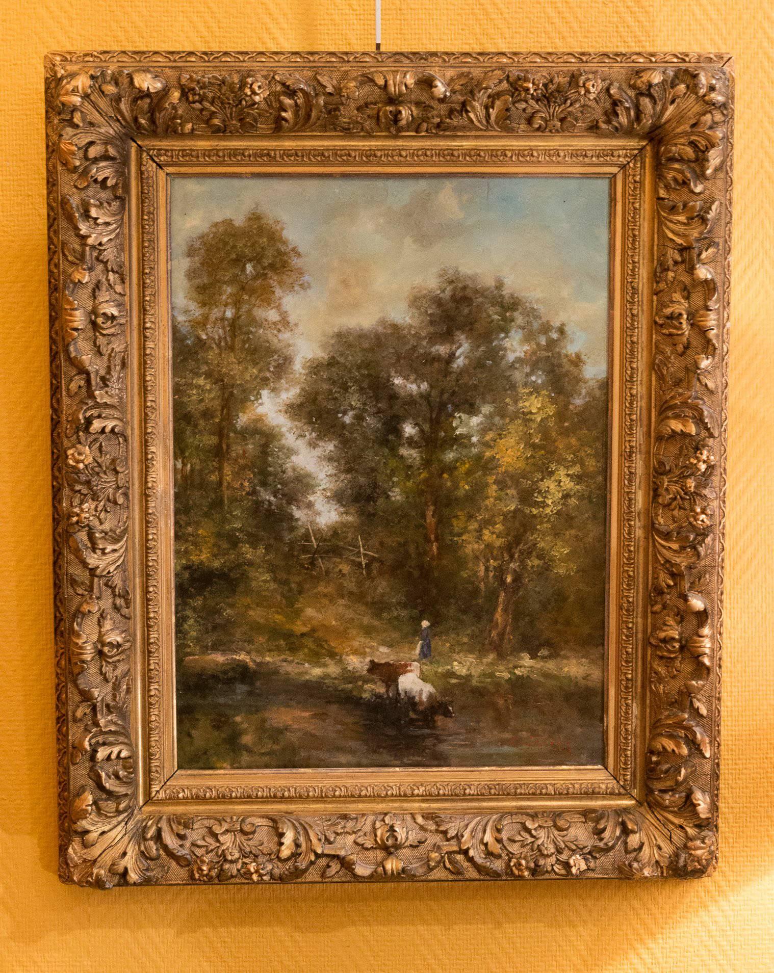 We are pleased to present you a lovely and very decorative oil on panel depicting Shepherd and its Cows close to the river.

Very fine quality of this painting. Original beautiful giltwood frame.

Beautiful Barbizon School signed on the lower