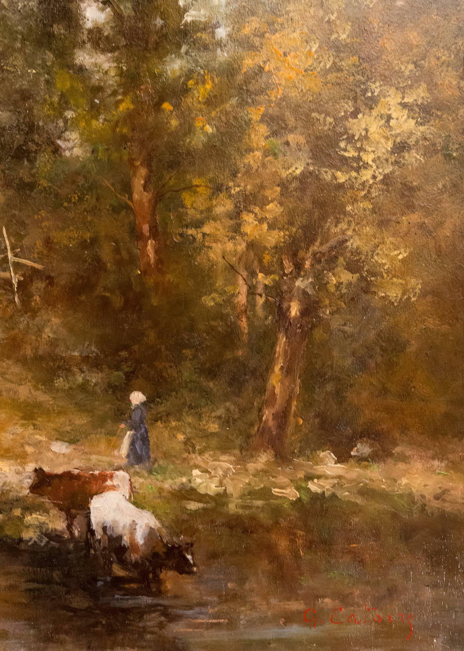 Gustave Albert Catoire Oil on Panel Shepherd and Its Cows, Barbizon School 1