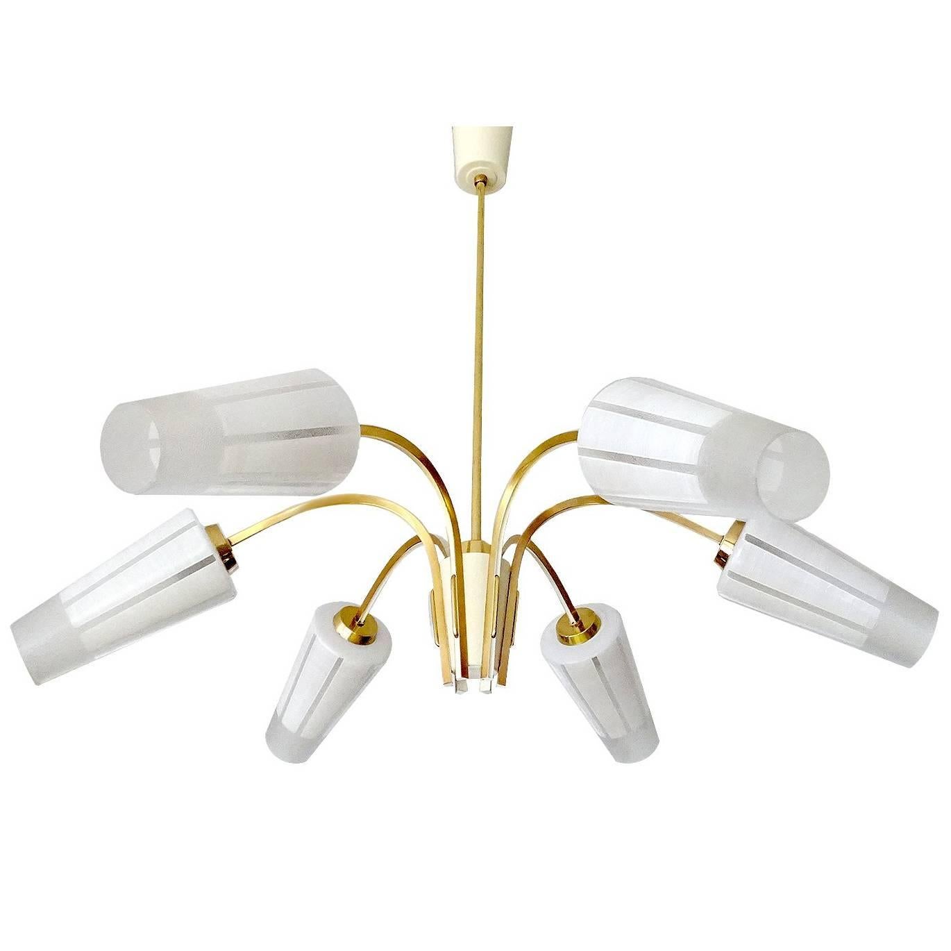 Mid Century Italian Brass Glass Chandelier Pendant Light, Stilnovo  Ponti Era  For Sale