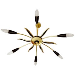 Large Austrian Sputnik Six Light Brass Glass Chandelier, Stilnovo Gio Ponti Era