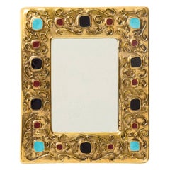 Francois Lembo Ceramic Mirror Jewel Gold Turquoise Signed France, 1970s