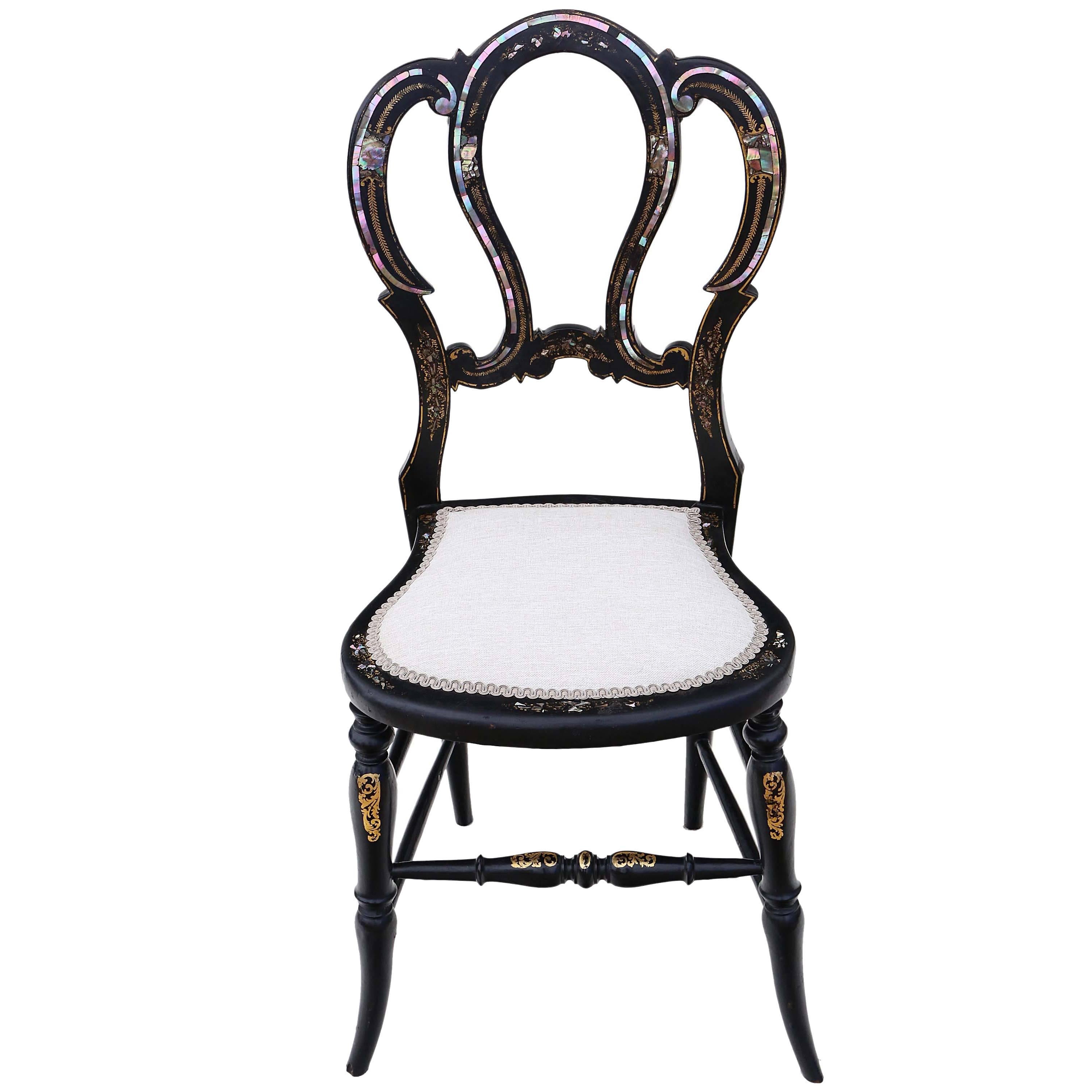 Antique Rare Victorian circa 1890 Mother-of-Pearl Inlaid Bedroom Side Chair For Sale