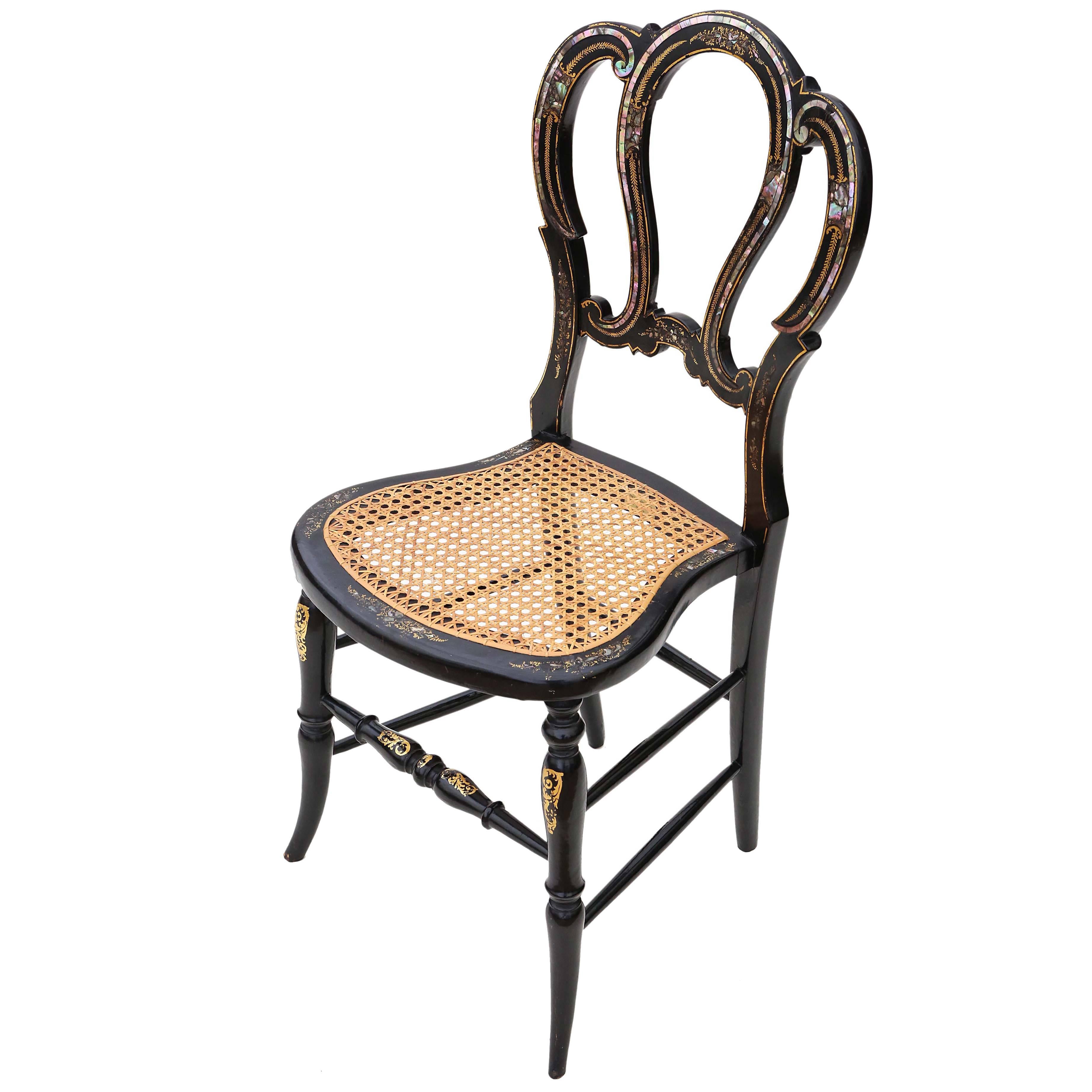 Antique Rare Victorian, circa 1890 Mother-of-Pearl Cane Inlaid Bedroom Chair For Sale