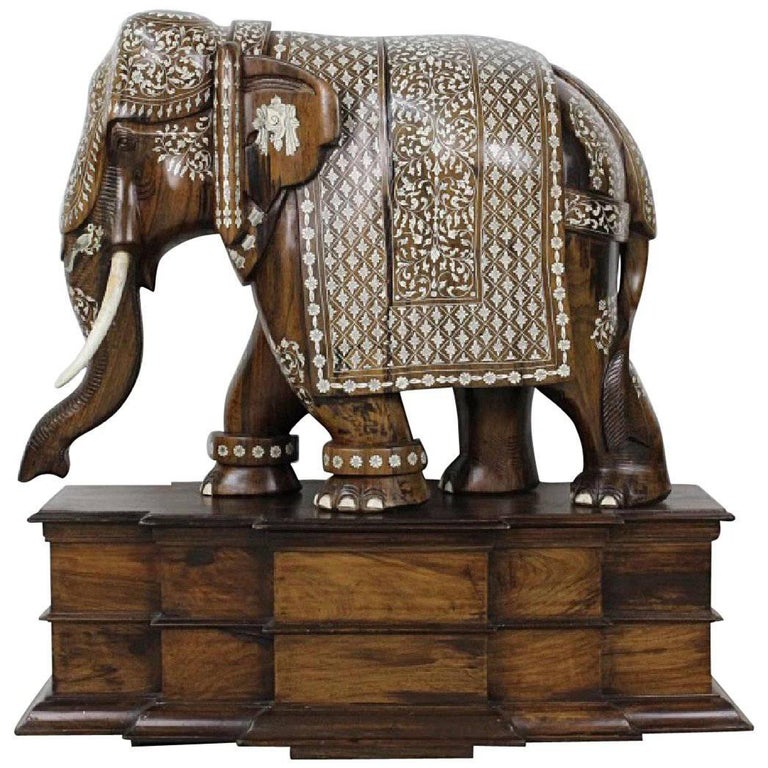 Anglo-Indian Huge Wood Bone Ornate Elephant Sculpture Circa 1860