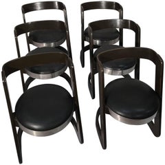 1970 Set of Six Wood and Faux Leather Dining Chairs Willy Rizzo for Mario Sabot