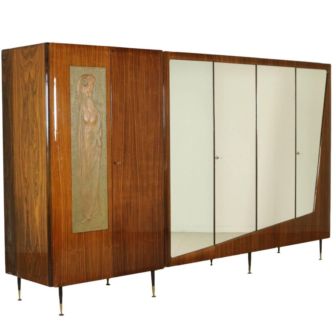 Wardrobe Rosewood Veneer Mirrors Decorative Wood Vintage, 1950s-1960s