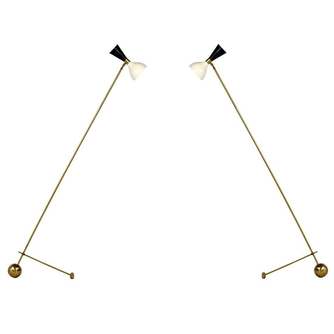 1 of 2 Beautiful Adjustable Italian Minimalist Floor Lamp Brass Stilnovo Style For Sale