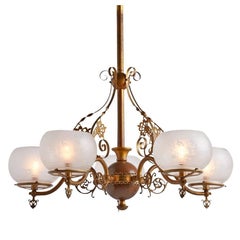 Five-Light Bare Bulb Chandelier with Acanthus Motif, circa 1920s