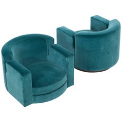 Pair of Luciano Frigerio Blue Velvet Lounge Swivel Chairs