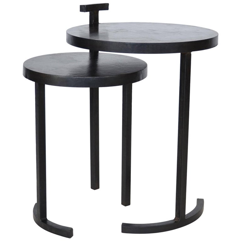Nesting Side Table Set Modern Round Pair End Table Cast Blackened Waxed Steel For Sale at 1stDibs