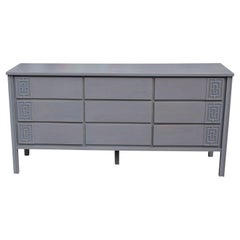 Modern Asian Inspired Grey Nine-Drawer Dresser & Mirror w/ Chinese Key Detailing