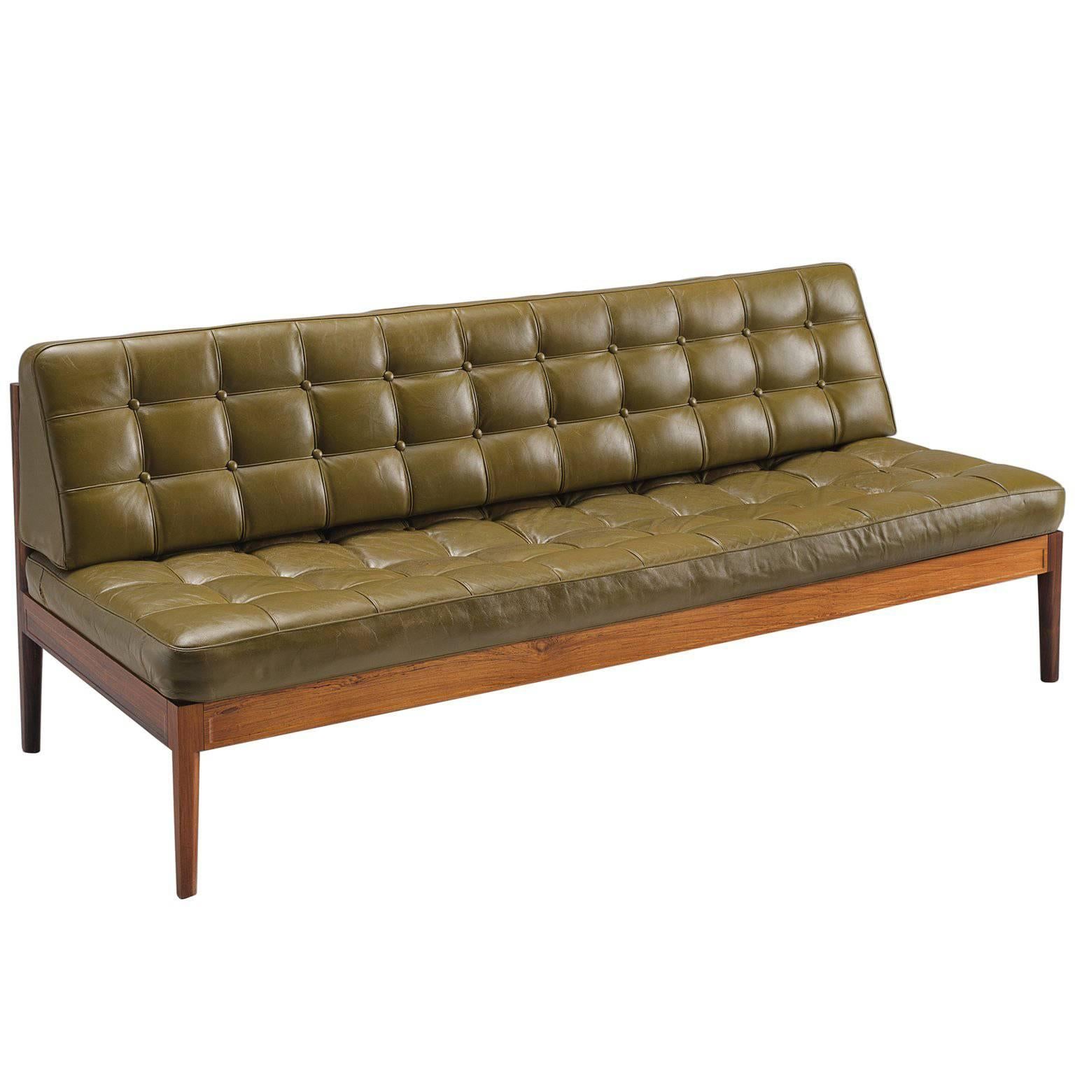Finn Juhl 'Diplomat' Sofa in Olive Green Leather and Rosewood