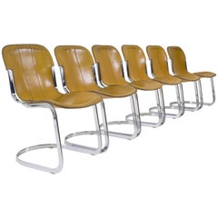 Six Chrome and Leather Mid-Century Modern Chairs by Willy Rizzo for Cidue, 1970s