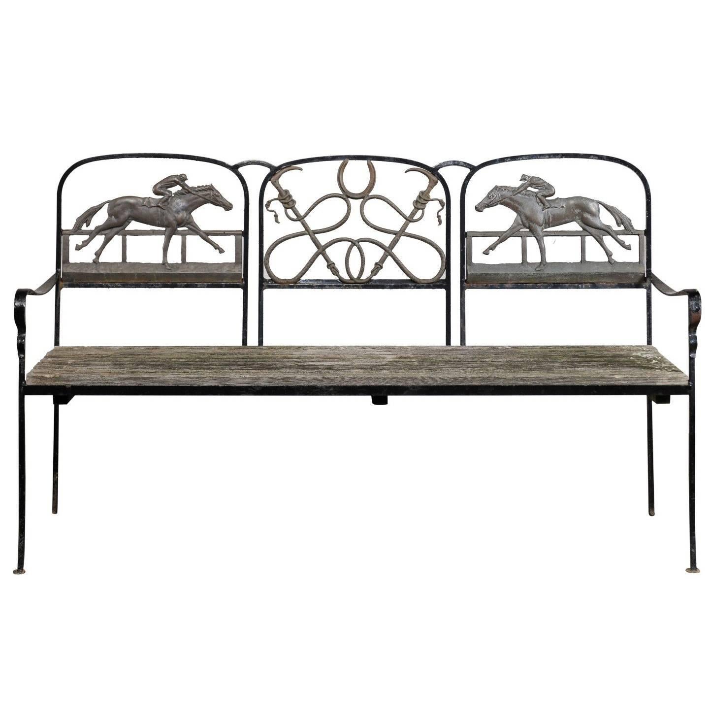 20th Century Iron and Brass Equestrian Bench, Wooden Seat