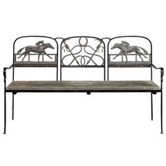 Vintage 20th Century Iron and Brass Equestrian Bench, Wooden Seat