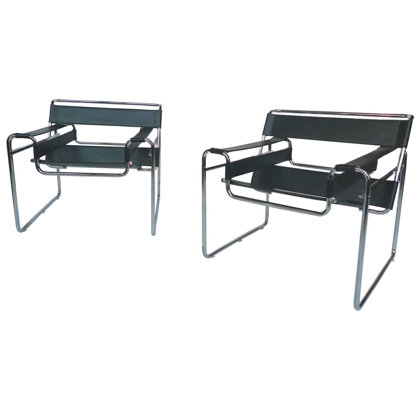 Black Leather and Steel Wassily Chairs by Marcel Breuer, Pair