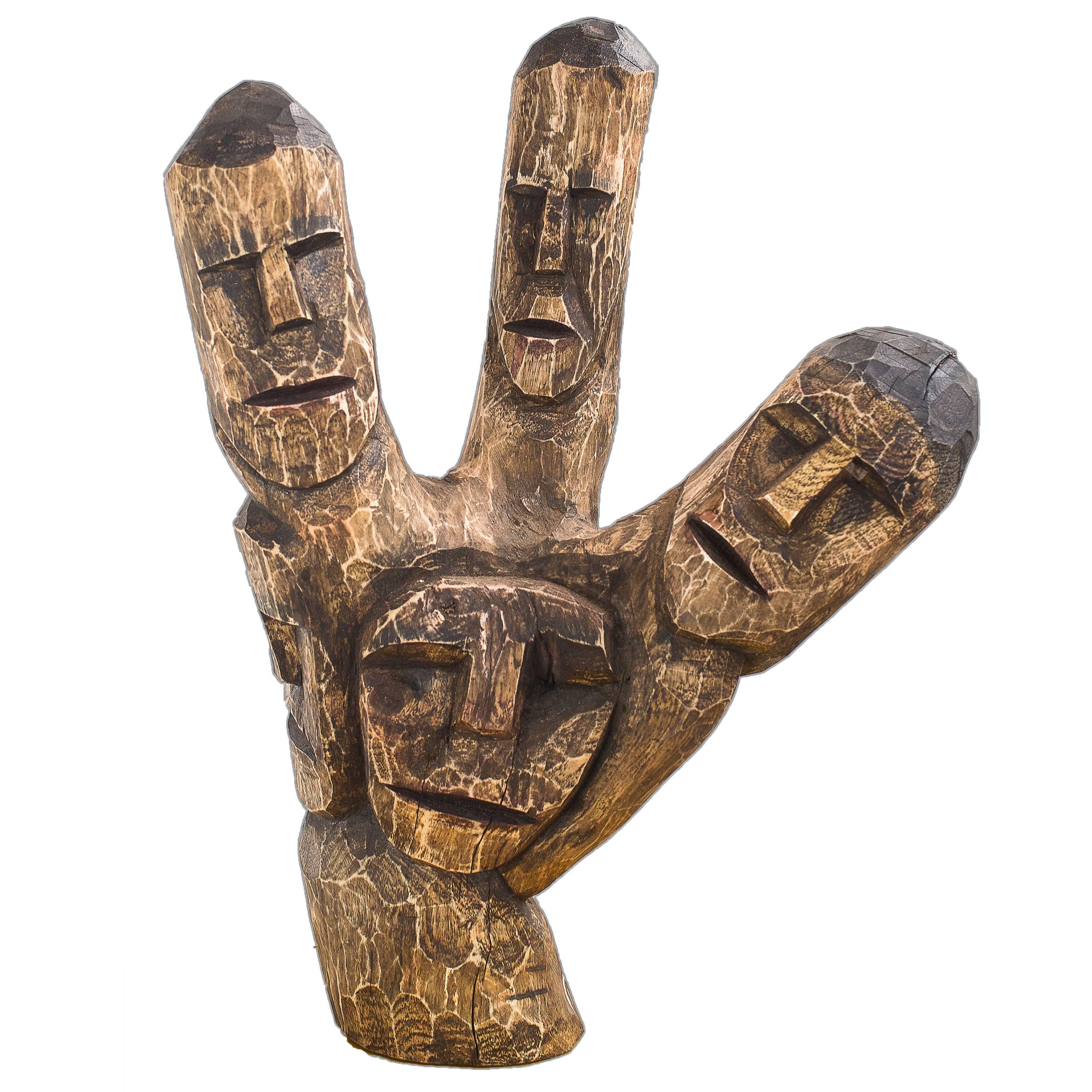 Brazilian Hand-Carved Wood Sculpture Heads Totem For Sale
